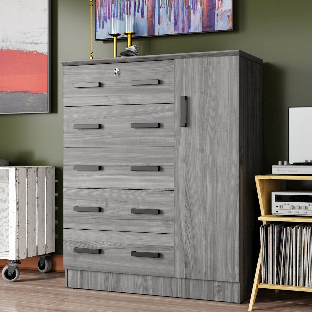 Better Home Products JCF Sofie 5 Drawer Wooden Tall Chest Wardrobe in Gray. Picture 7