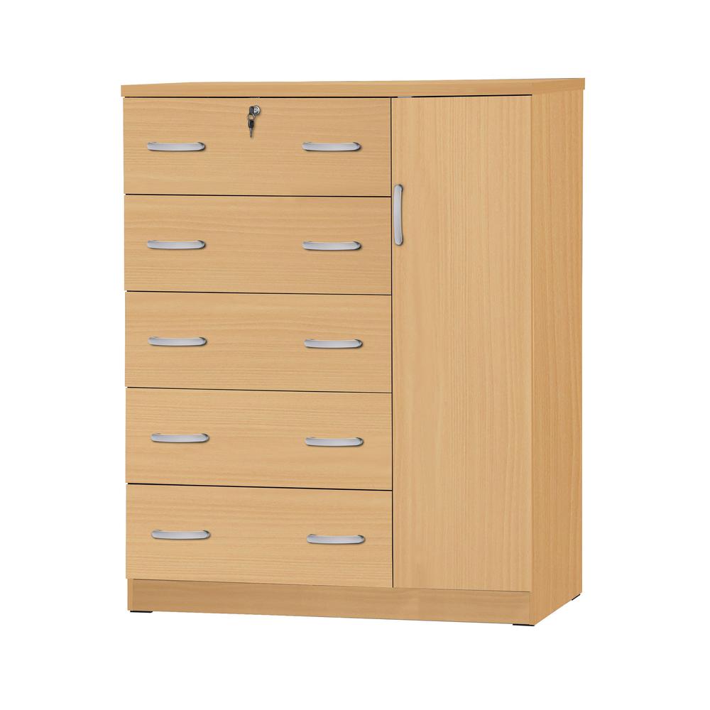 Better Home Products JCF Sofie 5 Drawer Wooden Tall Chest Wardrobe in Beech. Picture 1