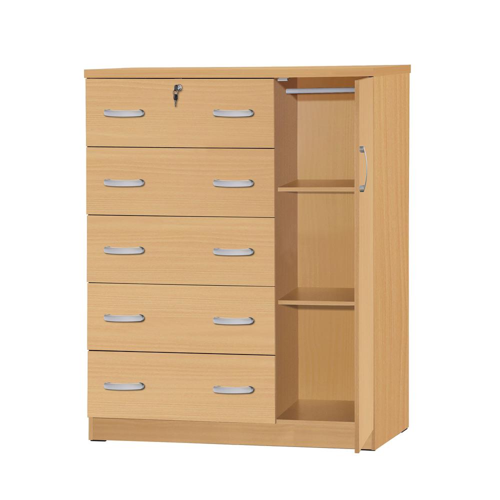 Better Home Products JCF Sofie 5 Drawer Wooden Tall Chest Wardrobe in Beech. Picture 2