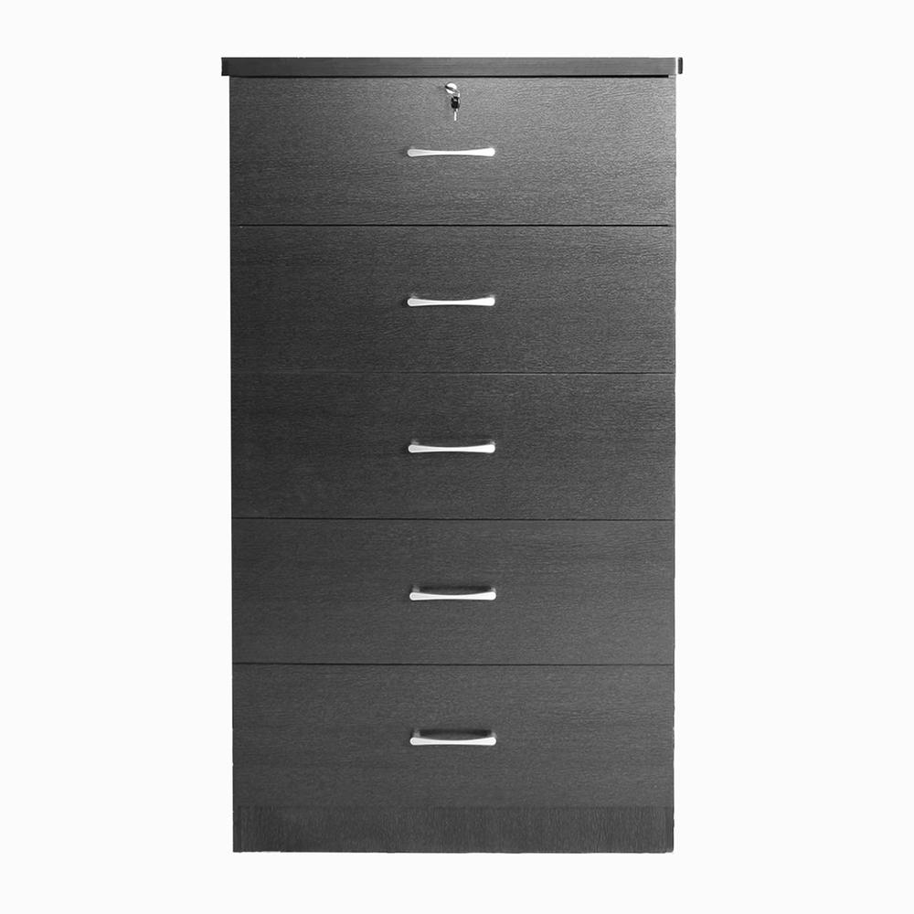 Better Home Products Olivia Wooden Tall 5 Drawer Chest Bedroom Dresser in Black. Picture 3