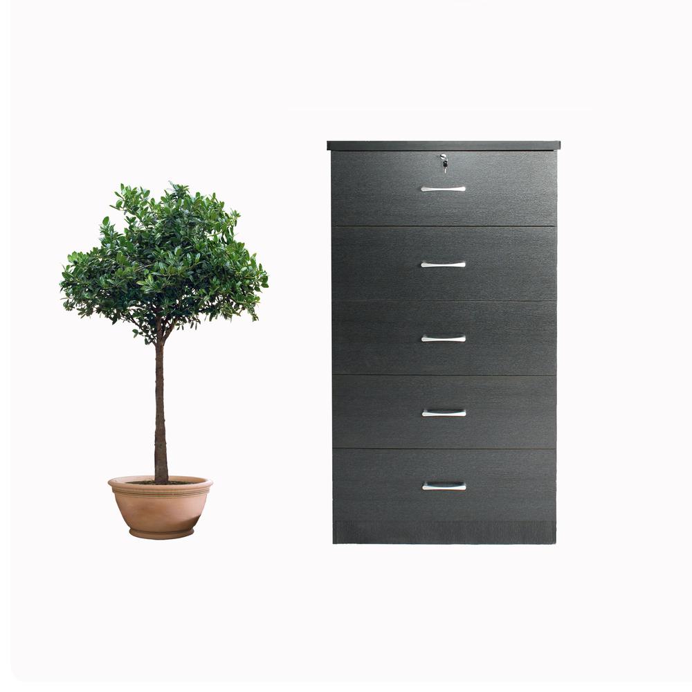Better Home Products Olivia Wooden Tall 5 Drawer Chest Bedroom Dresser in Black. Picture 2