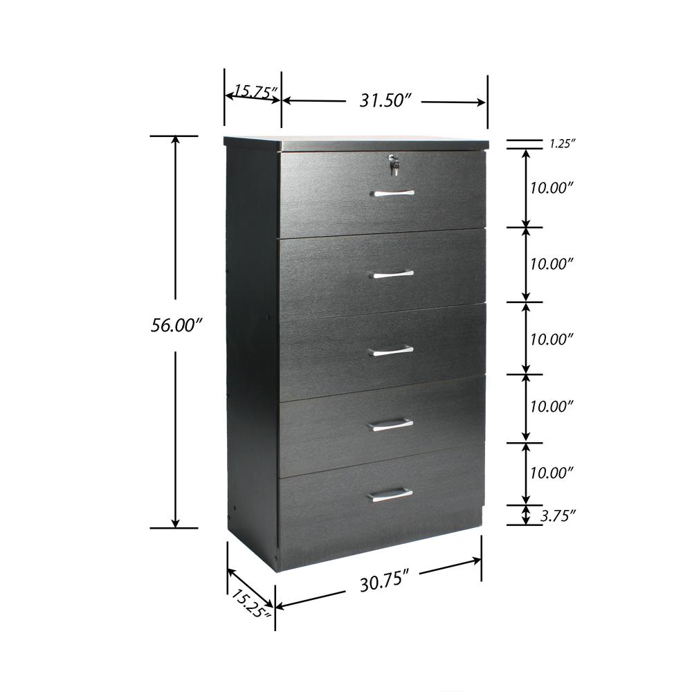 Better Home Products Olivia Wooden Tall 5 Drawer Chest Bedroom Dresser in Black. Picture 5