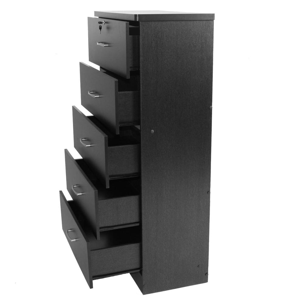 Better Home Products Olivia Wooden Tall 5 Drawer Chest Bedroom Dresser in Black. Picture 8