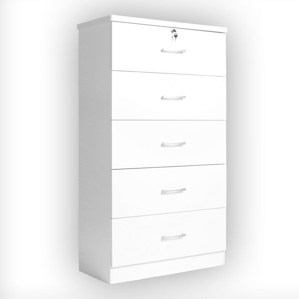 Better Home Products Olivia Wooden Tall 5 Drawer Chest Bedroom Dresser in White. Picture 1