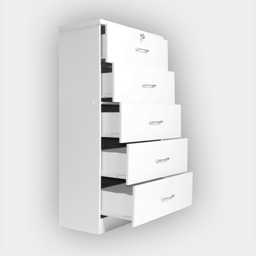 Better Home Products Olivia Wooden Tall 5 Drawer Chest Bedroom Dresser in White. Picture 3