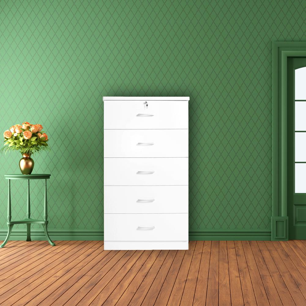 Better Home Products Olivia Wooden Tall 5 Drawer Chest Bedroom Dresser in White. Picture 6