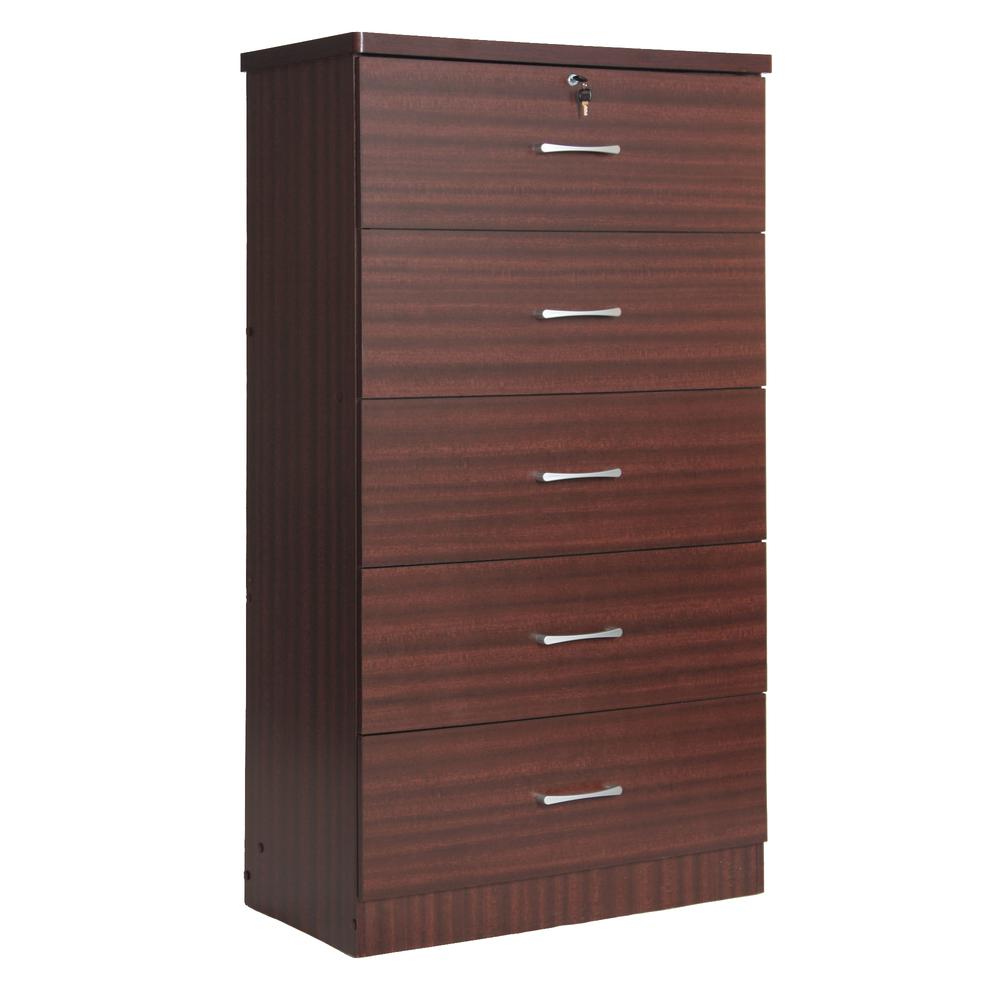 Better Home Products Olivia Wooden Tall 5 Drawer Chest Bedroom Dresser Mahogany. Picture 1