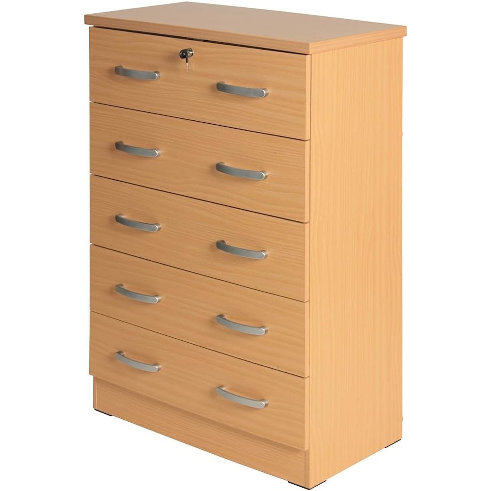 Better Home Products Cindy 5 Drawer Chest Wooden Dresser with Lock Beech (Maple). Picture 2