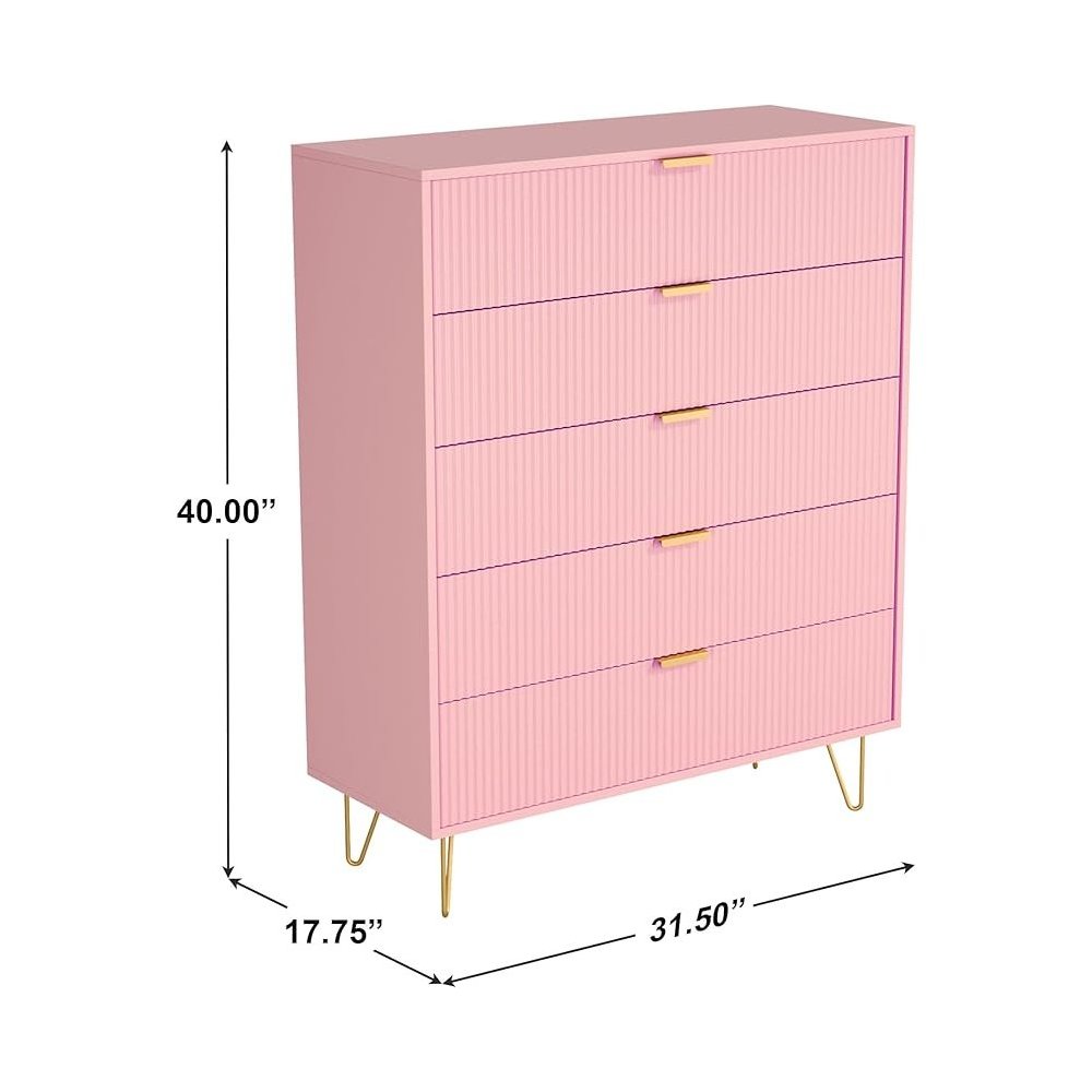 5-Drawer Chest in MDF Wood with Gold Metal Legs and Handles. (Pink). Picture 6