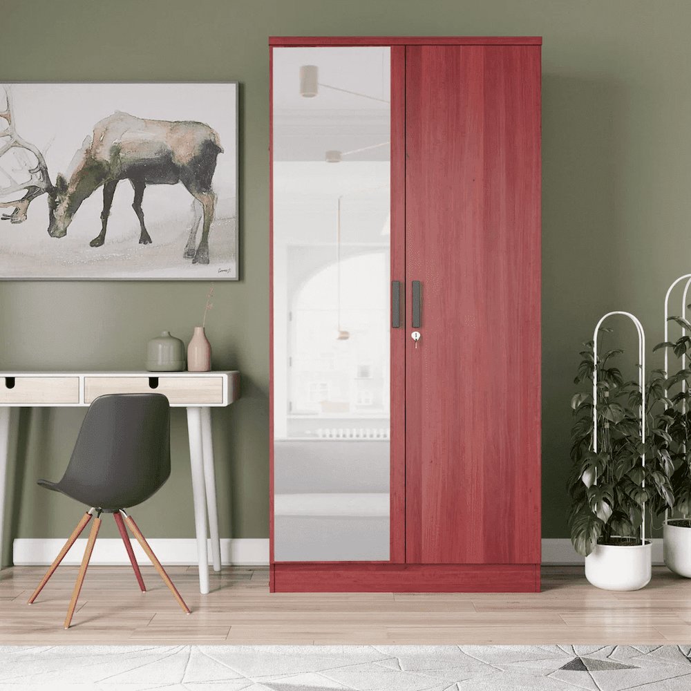 Mirrored 2 Door Wardrobe in Red Color. Picture 1