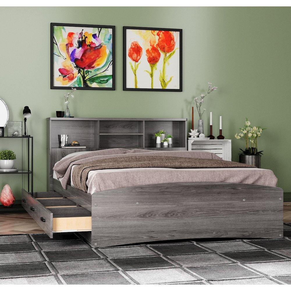 Captain Paltform Bed with 3 Drawers and Bookcase Headboard. Picture 1