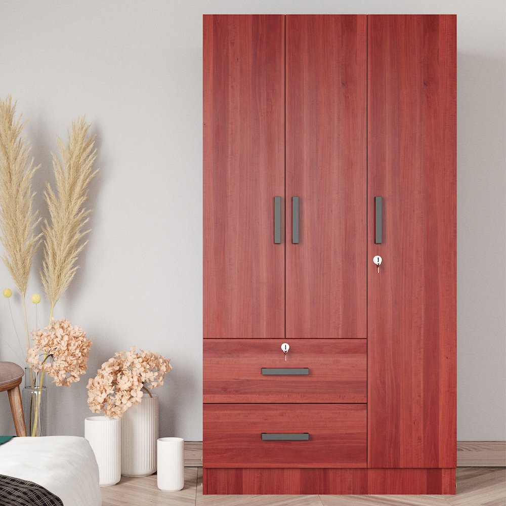 Better Home Products Symphony Wardrobe Armoire Closet with Two Drawers Mahogany. Picture 2