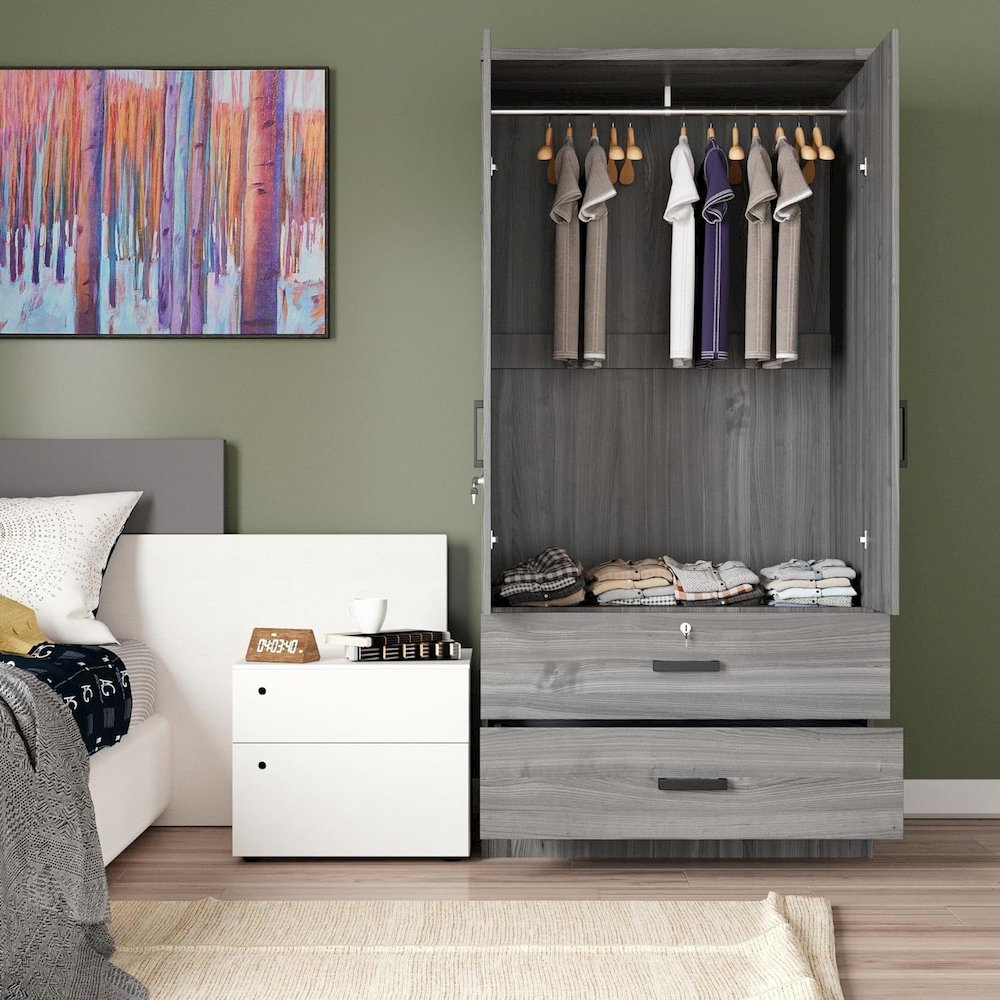 Mirrored 2 Doors Wardrobe & 2 Drawers 72" Tall. Picture 2