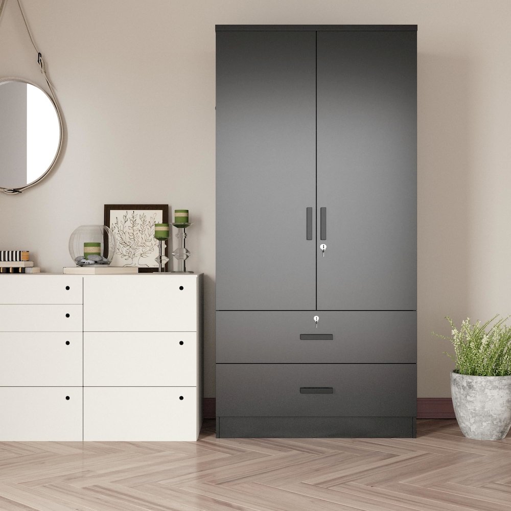 Woodpeckers Furniture And Mattress 2-Door Closet with 2-Drawers (Black). Picture 4