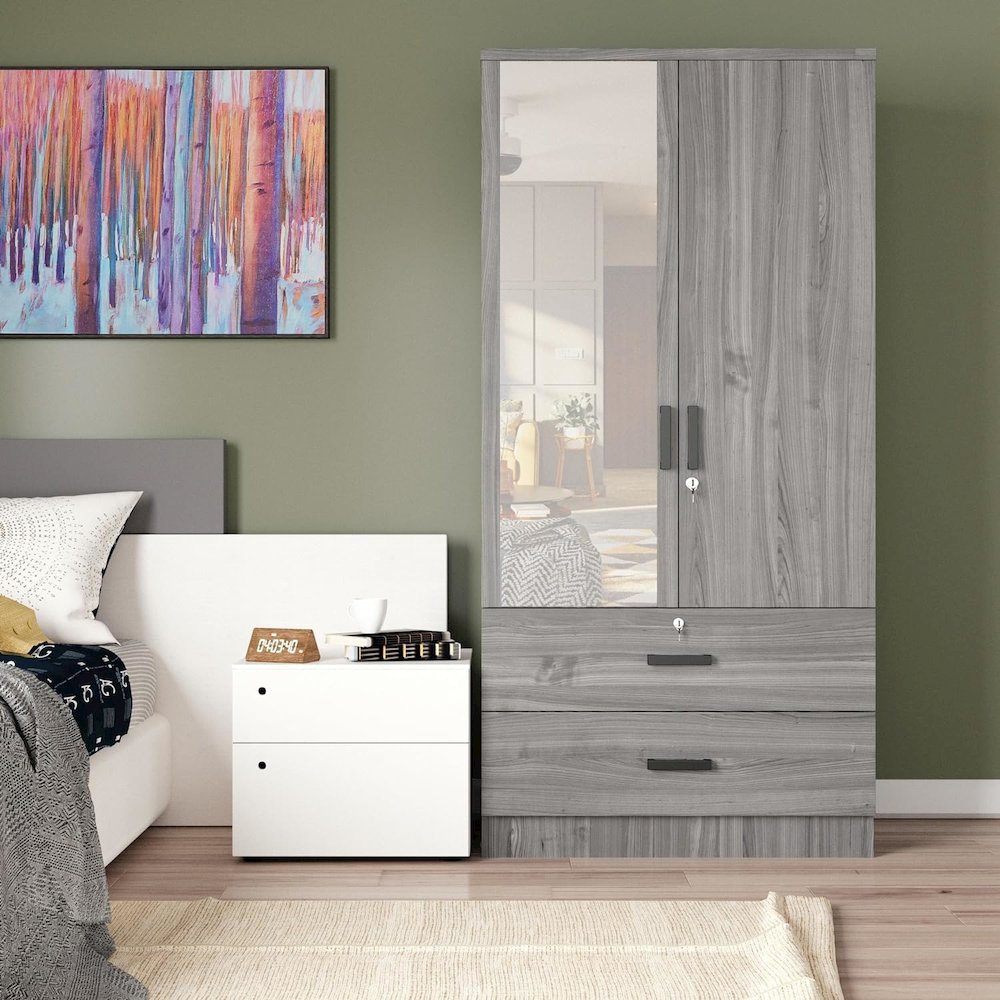 Mirrored 2 Doors Wardrobe & 2 Drawers 72" Tall. Picture 1