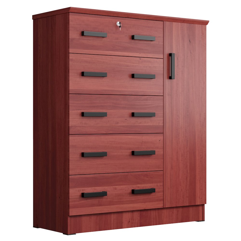 Better Home Products JCF Sofie 5 Drawer Wooden Tall Chest Wardrobe in Mahogany. Picture 1