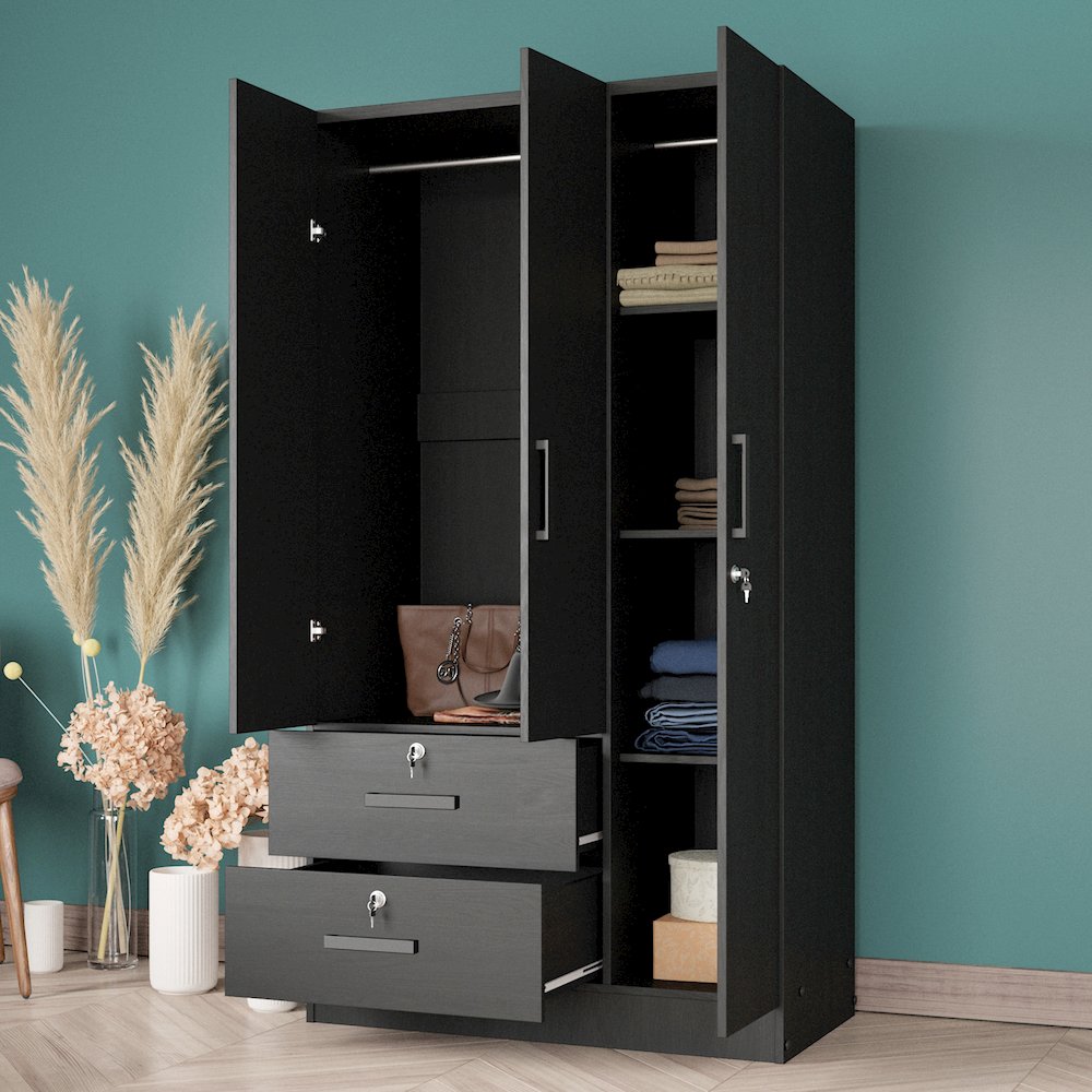 Better Home Products Symphony Wardrobe Armoire Closet with Two Drawers in Black. Picture 4