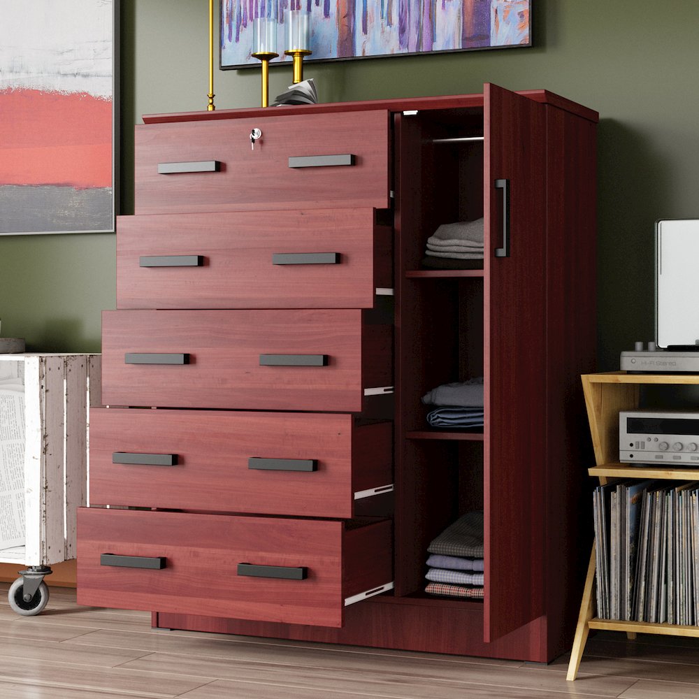 Better Home Products JCF Sofie 5 Drawer Wooden Tall Chest Wardrobe in Mahogany. Picture 7
