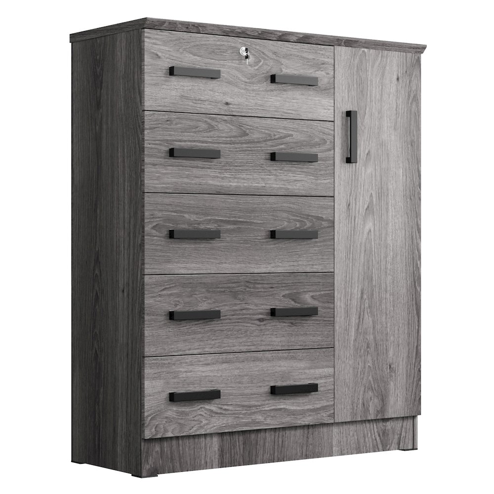 Better Home Products JCF Sofie 5 Drawer Wooden Tall Chest Wardrobe in Gray. Picture 1