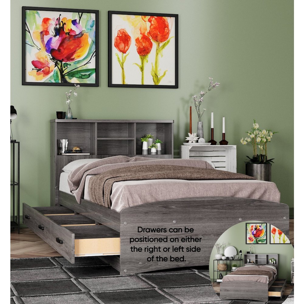 Captain Paltform Bed with 3 Drawers and Bookcase Headboard. Picture 1