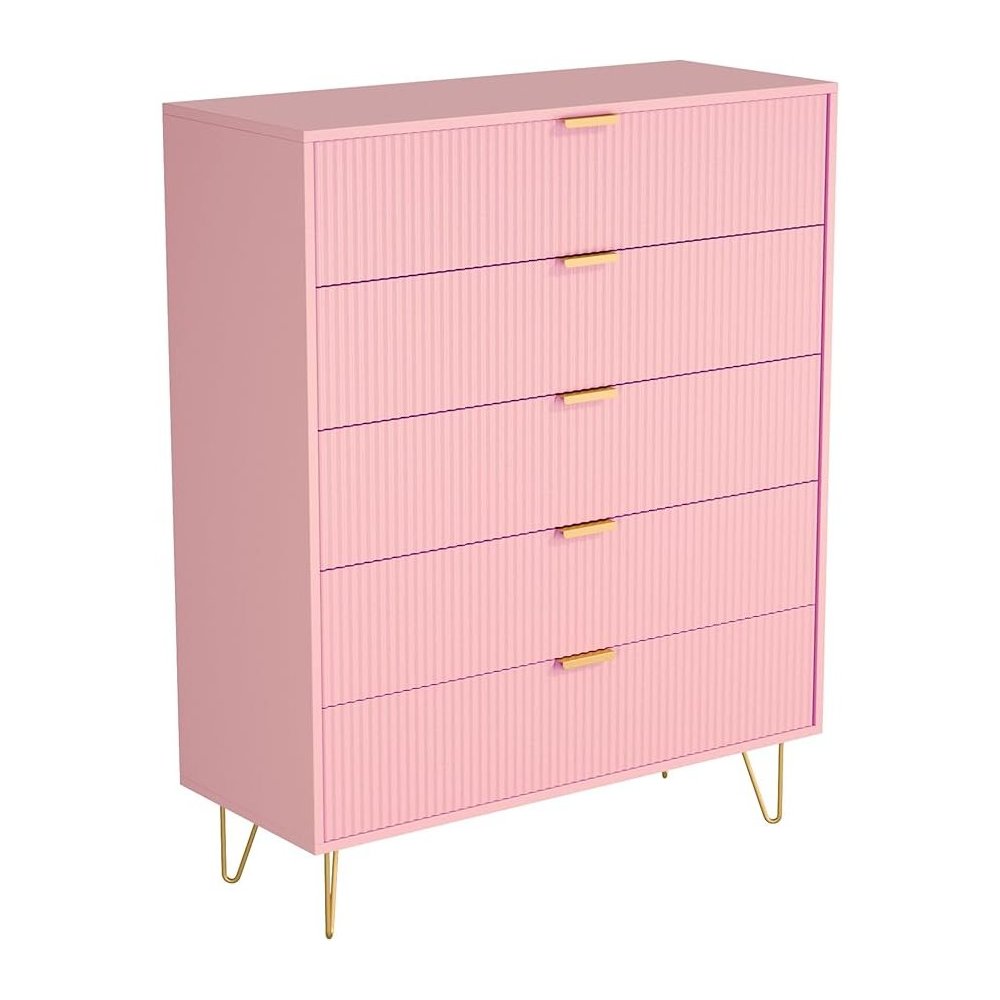 5-Drawer Chest in MDF Wood with Gold Metal Legs and Handles. (Pink). Picture 1