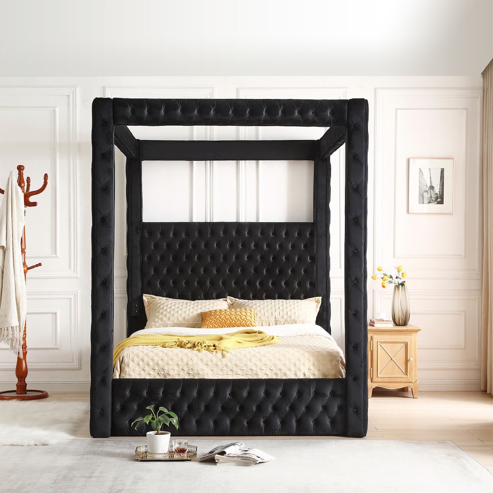 Luxurious Velvet Canopy Queen Bed with Speaker and USB Connection in Black. Picture 9