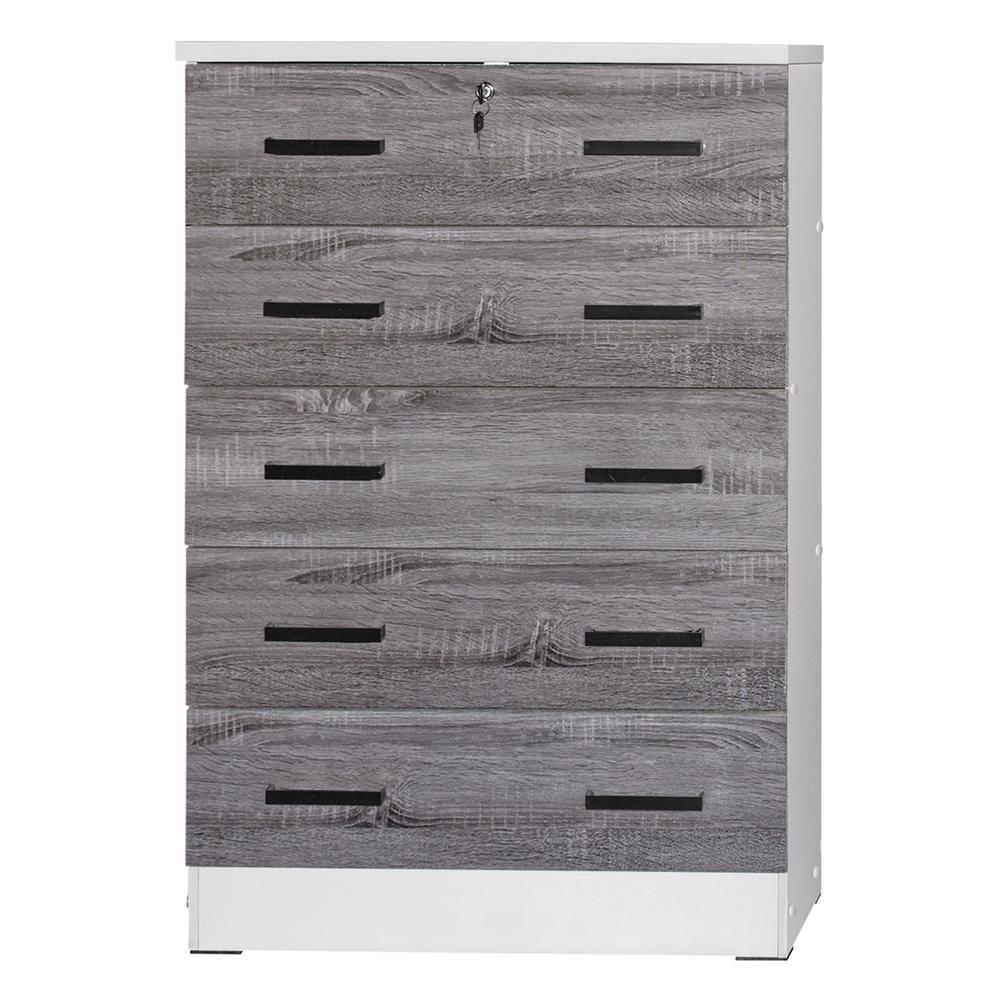 Better Home Products Cindy 5 Drawer Chest Wooden Dresser with Lock in White/Gray. Picture 8