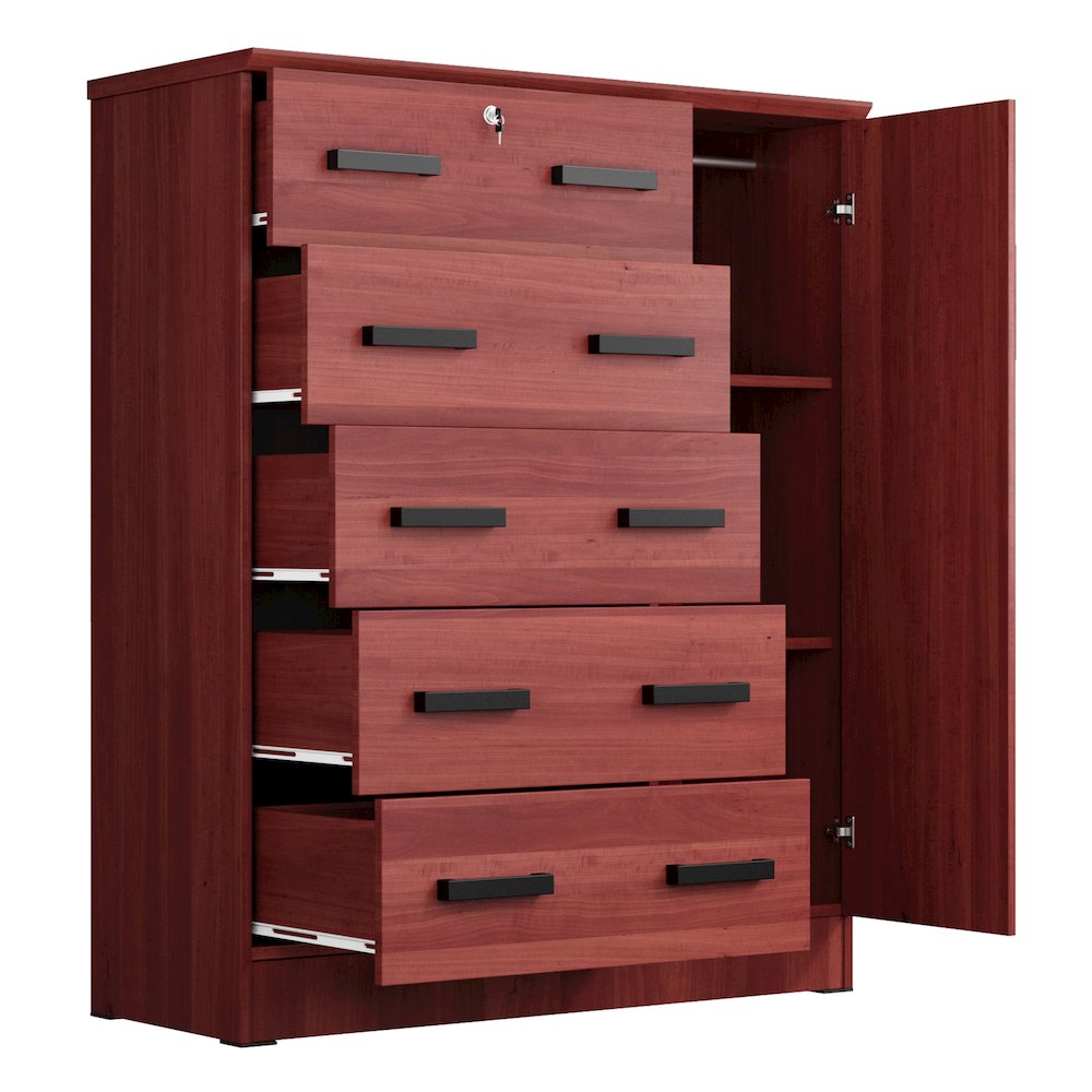 Better Home Products JCF Sofie 5 Drawer Wooden Tall Chest Wardrobe in Mahogany. Picture 4
