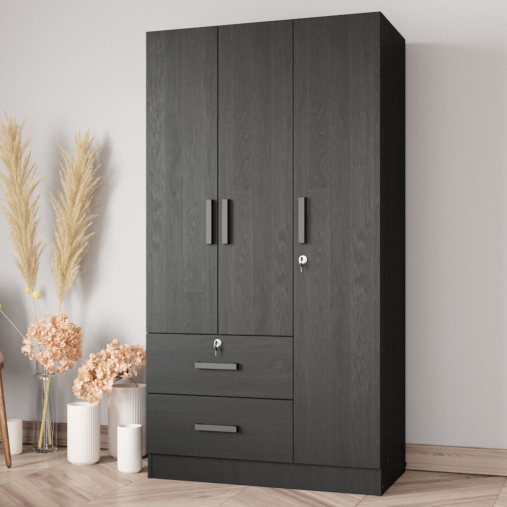Better Home Products Symphony Wardrobe Armoire Closet with Two Drawers in Black. Picture 5