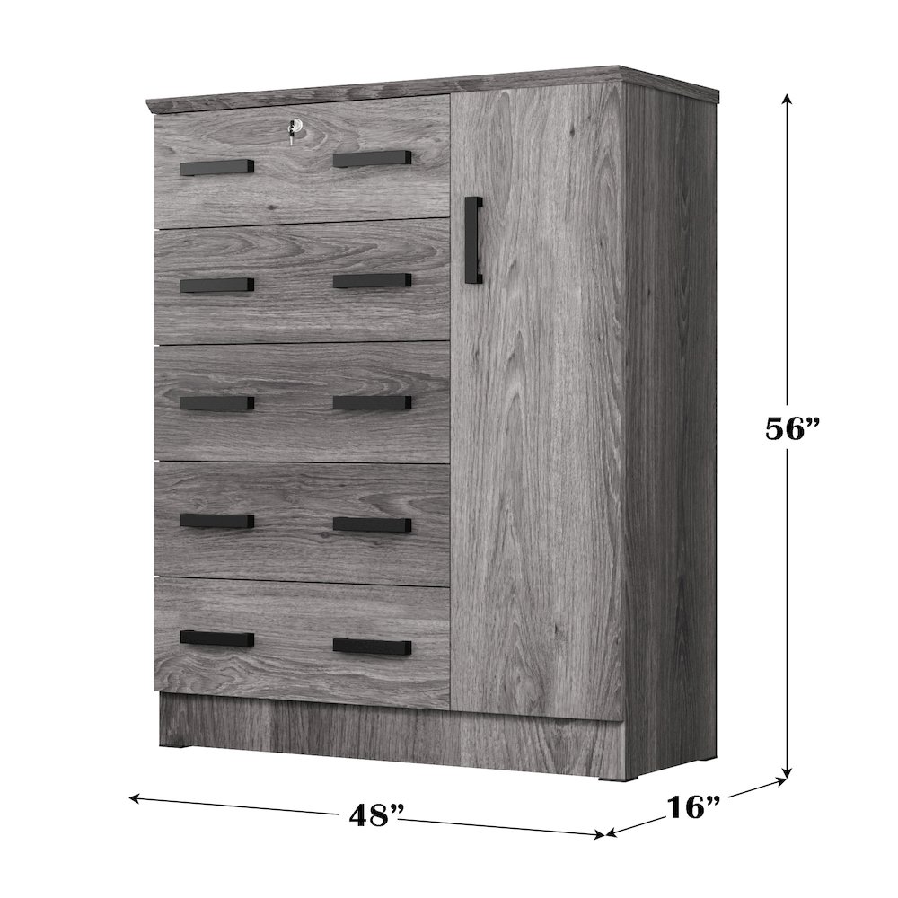 Better Home Products JCF Sofie 5 Drawer Wooden Tall Chest Wardrobe in Gray. Picture 6