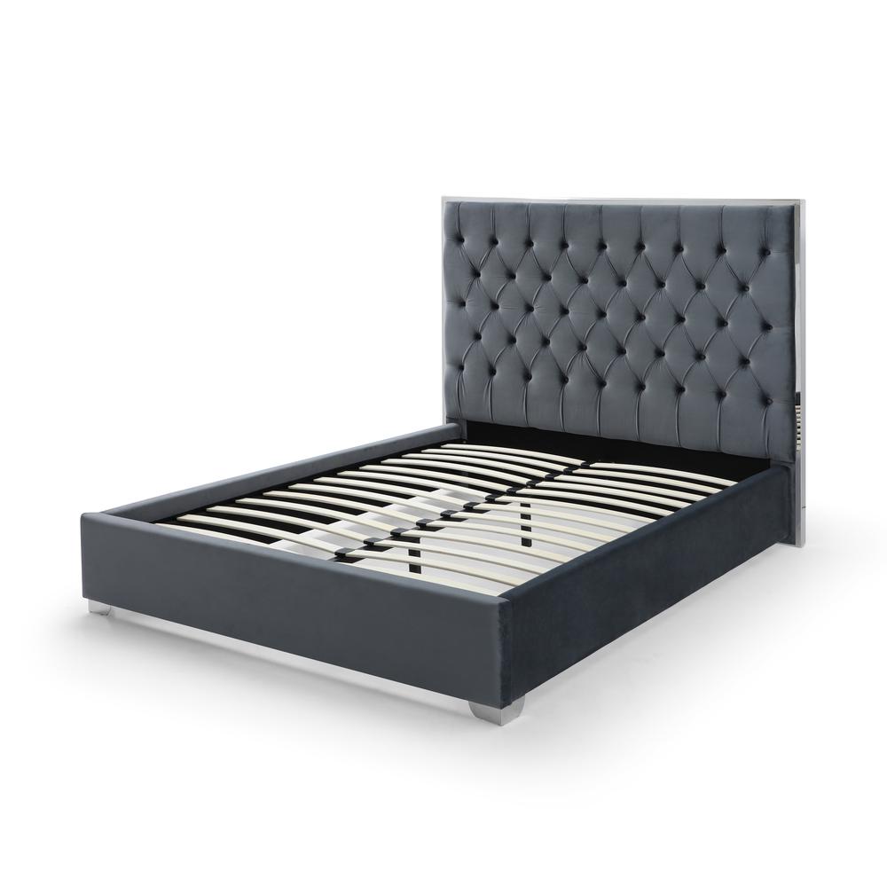 Better Home Products Sophia Velvet Queen Bed with Silver Metal Frame in Gray. Picture 1