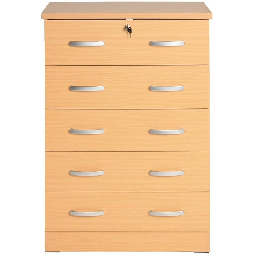 Better Home Products Cindy 5 Drawer Chest Wooden Dresser with Lock Beech (Maple). Picture 1
