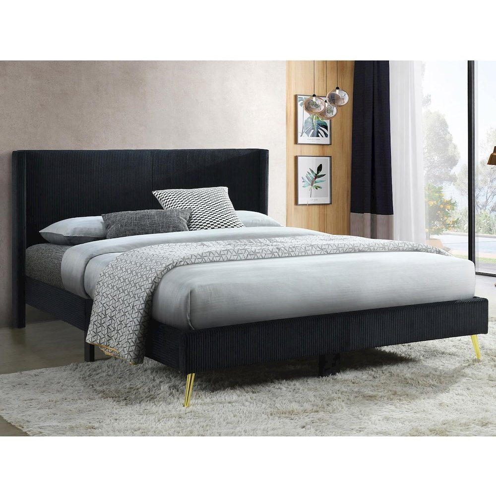 Corduroy Upholstered Wingback Bed with Gold Metal Legs. Picture 1