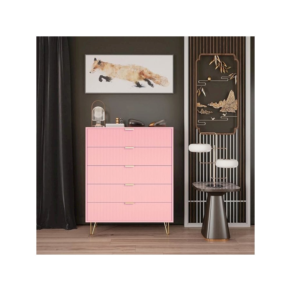 5-Drawer Chest in MDF Wood with Gold Metal Legs and Handles. (Pink). Picture 7