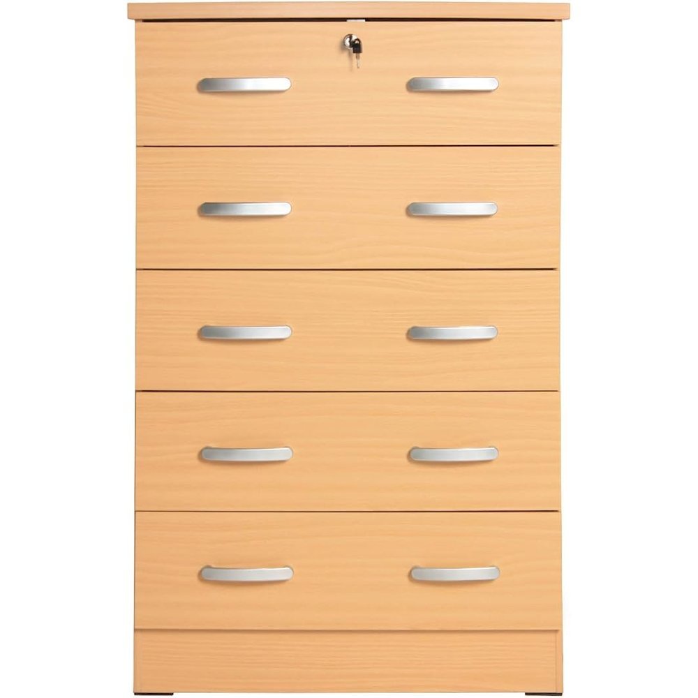 Better Home Products Cindy 5 Drawer Chest Wooden Dresser with Lock Beech (Maple). Picture 3