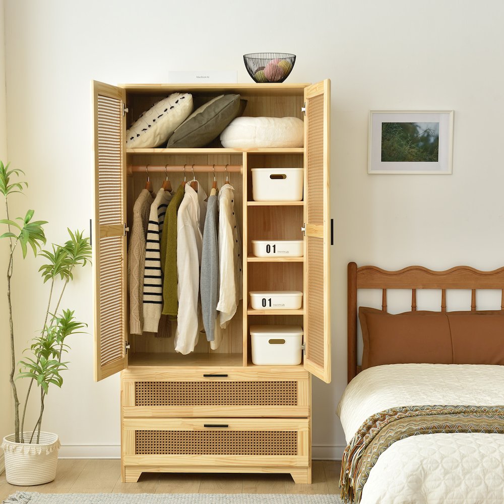 Pine Wood Closet with Rattan Doors and Two Drawers (Natural). Picture 2