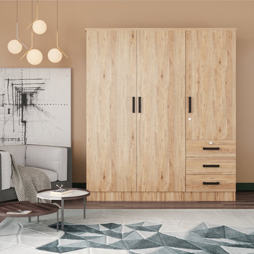 Violet Wardrobe Closet 3 Doors and 3 Drawers (Natural Oak). Picture 2