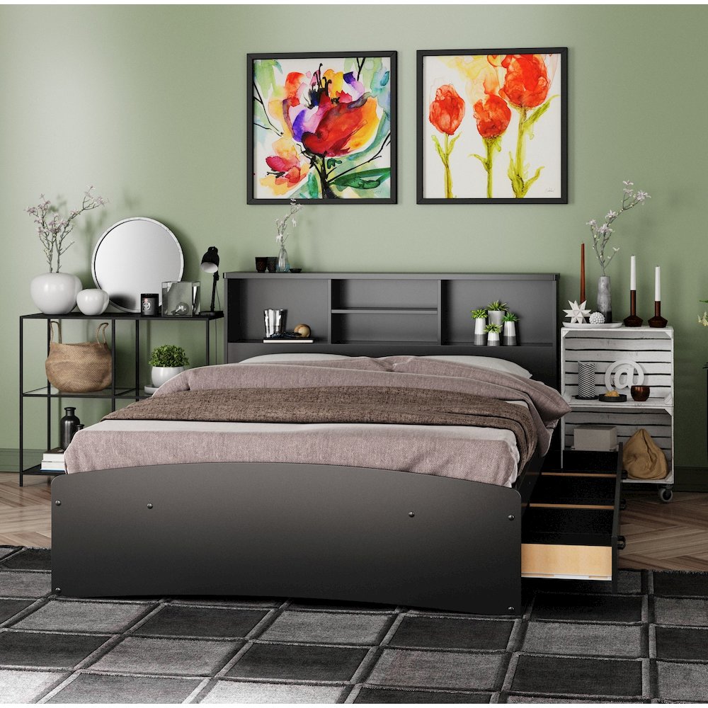 Captain Paltform Bed with 3 Drawers and Bookcase Headboard. Picture 1