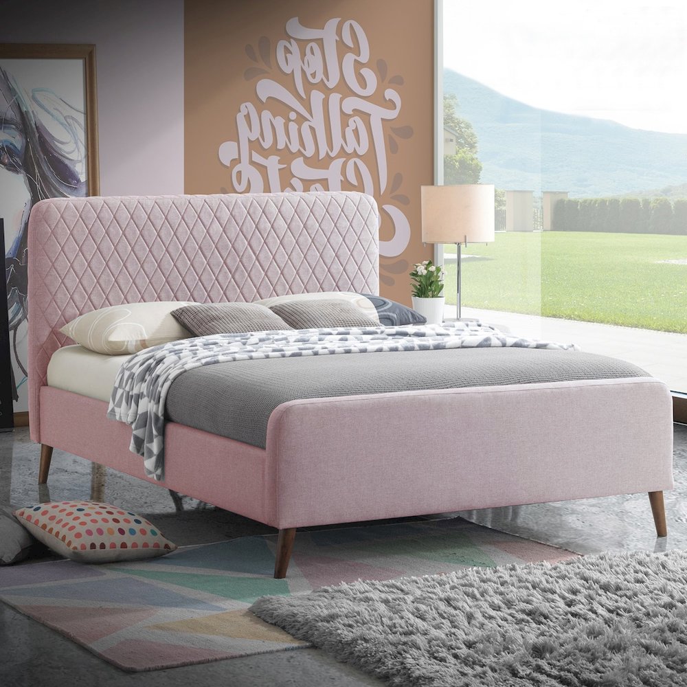 Better Home Products Roza Velvet Upholstered Queen Bed with Headboard Light Pink. Picture 2