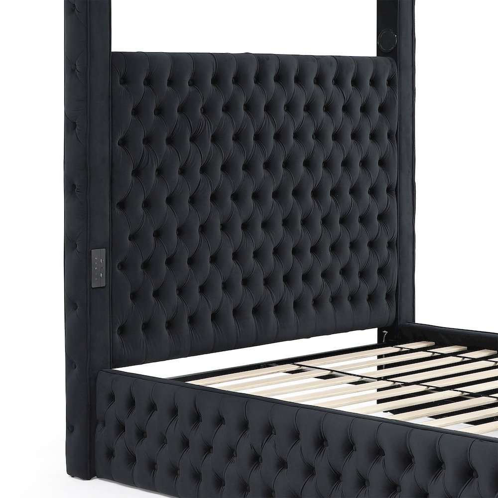 Luxurious Velvet Canopy Queen Bed with Speaker and USB Connection in Black. Picture 3