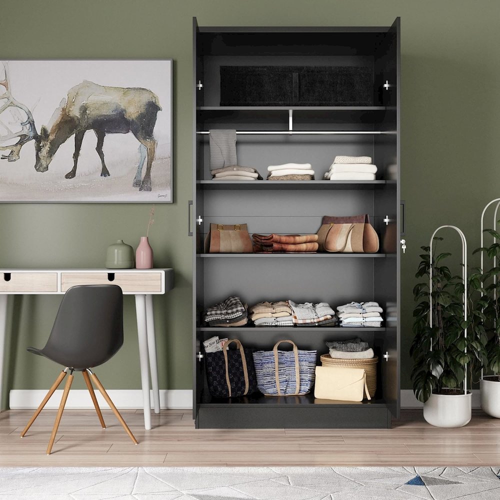 Woodpeckers Furniture And Mattress Two Door Armoire Wardrobe with Mirror (Black). Picture 2