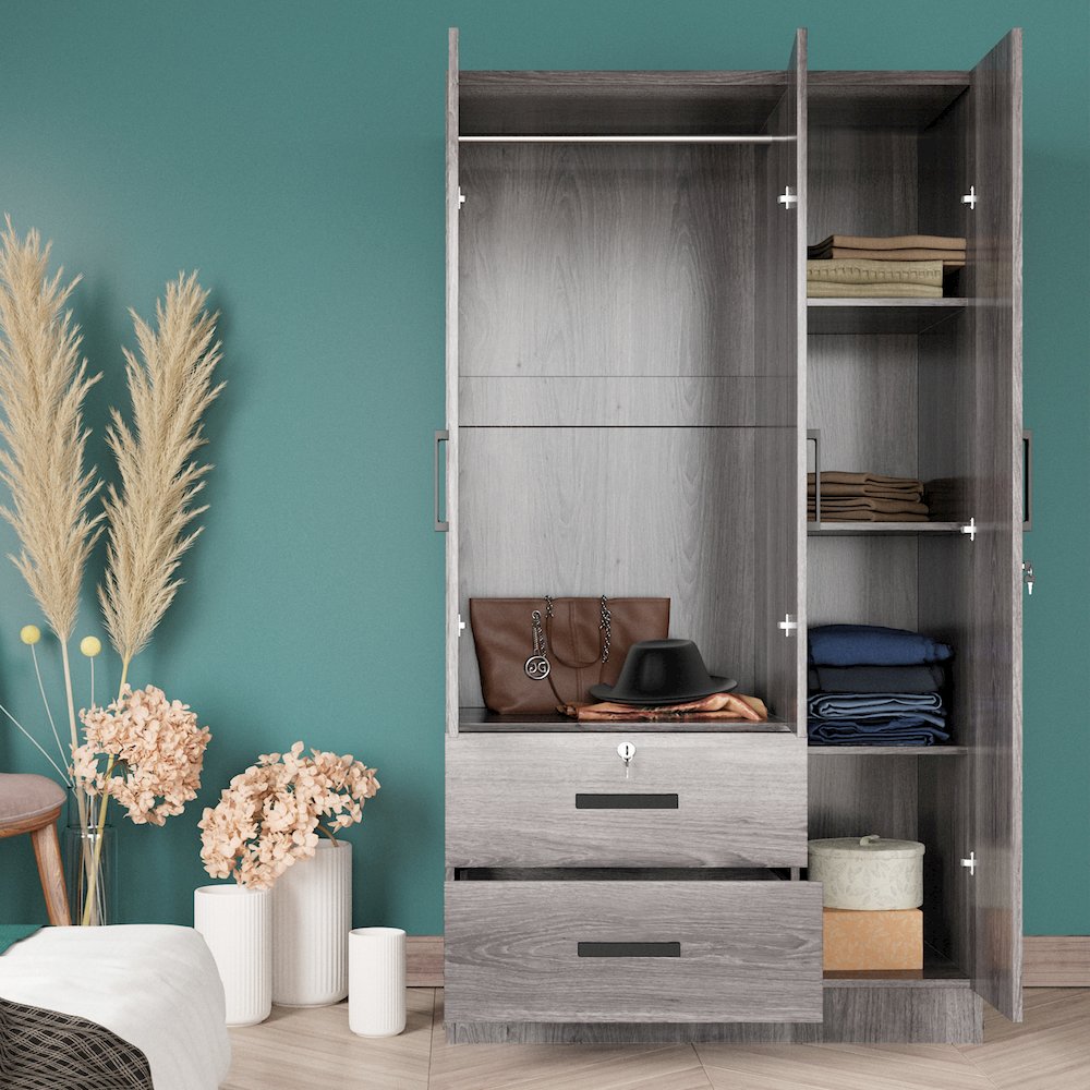 Better Home Products Symphony Wardrobe Armoire Closet with Two Drawers in Gray. Picture 4