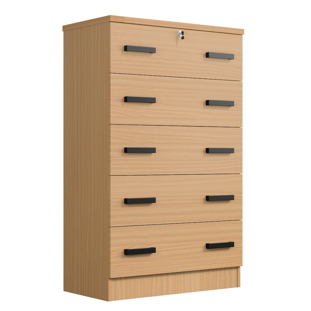 Cindy 5 Drawer Chest Wooden Dresser with Lock (Beech). Picture 1