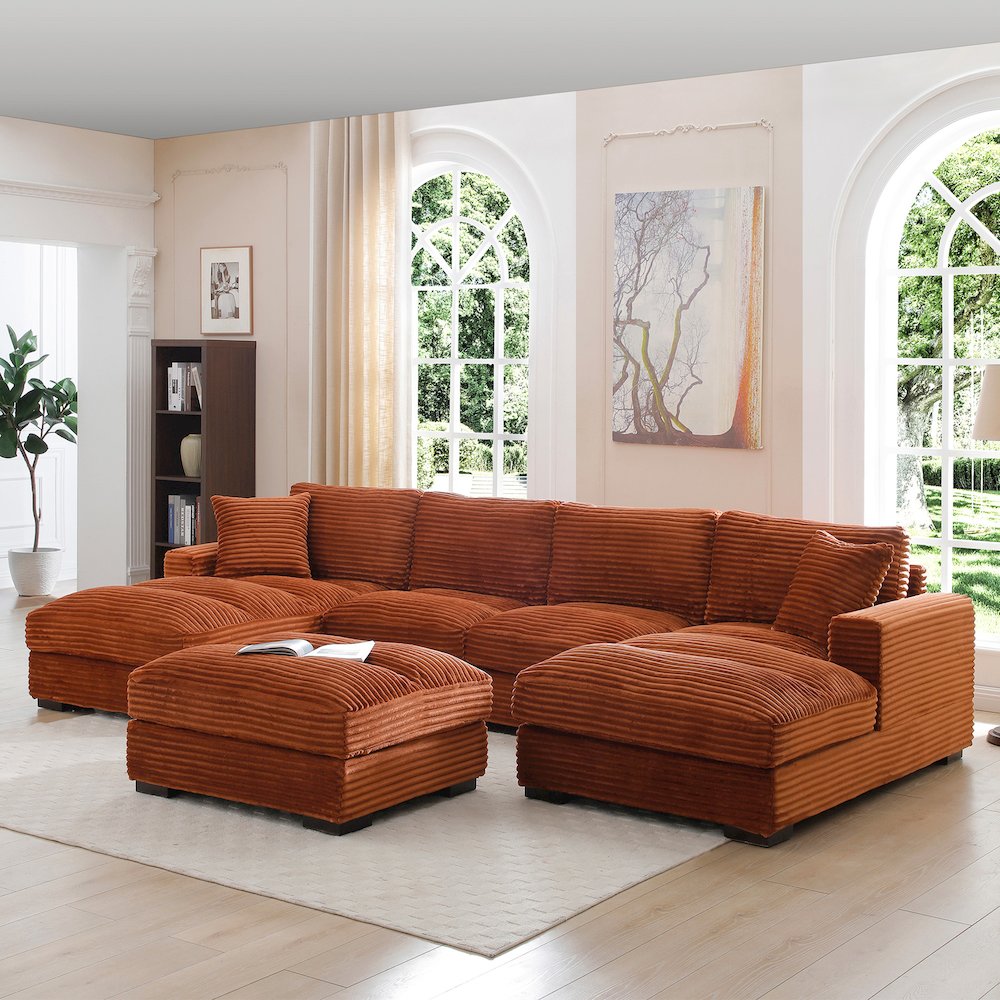 Scarlet Corduroy U-Shaped Double Chaise Sectional Sofa and Ottoman. Picture 2