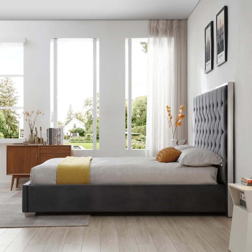 Better Home Products Sophia Velvet Queen Bed with Silver Metal Frame in Gray. Picture 5
