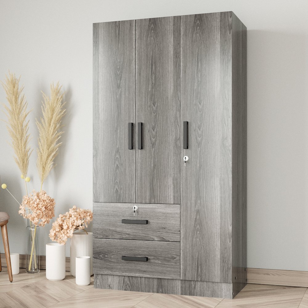 Better Home Products Symphony Wardrobe Armoire Closet with Two Drawers in Gray. Picture 3