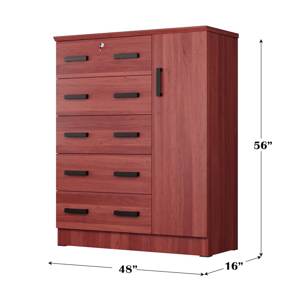 Better Home Products JCF Sofie 5 Drawer Wooden Tall Chest Wardrobe in Mahogany. Picture 5