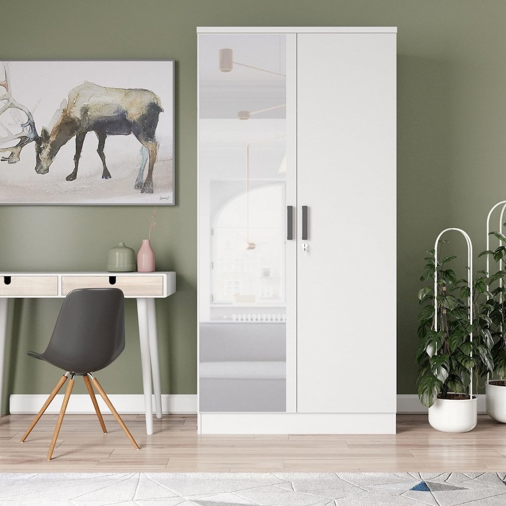 Mirrored 2 Door Wardrobe in White Color. Picture 1