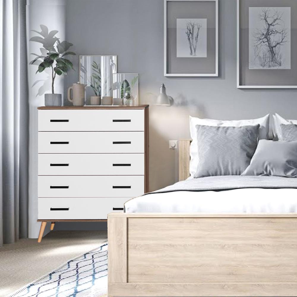 Better Home Products Eli Mid-Century Modern 5 Drawer Chest in Walnut & White. Picture 5