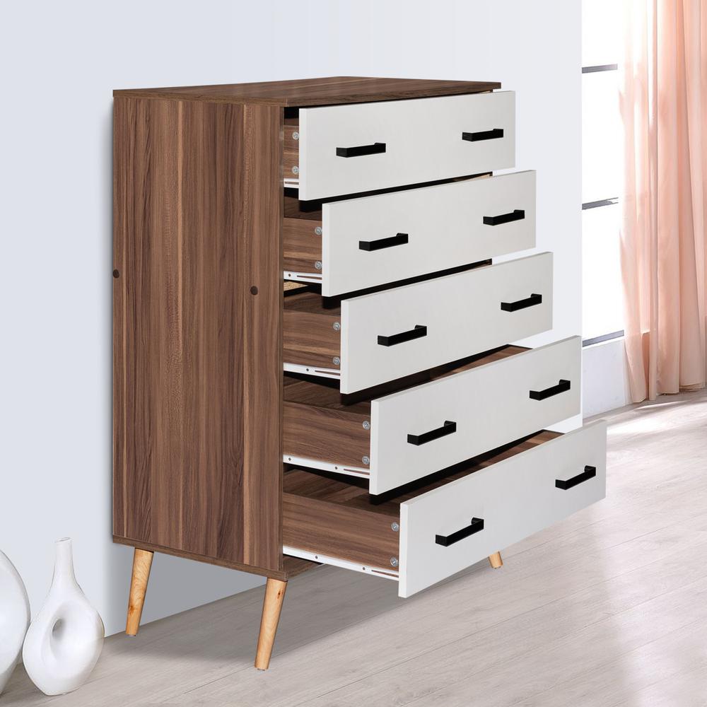 Better Home Products Eli Mid-Century Modern 5 Drawer Chest in Walnut & White. Picture 8